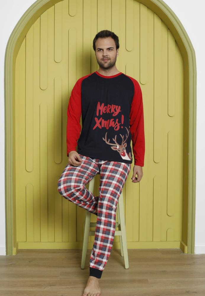 Pijama barbati Craciun "Meryy Xmas" maneca lunga ,pantaloni lungi,Culoare Rosu, Engros